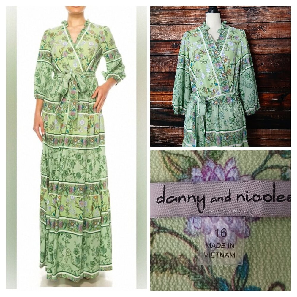 Danny and Nicole 16 Maxi Peasant Dress Belted Green Floral Prairie Retro Tiered